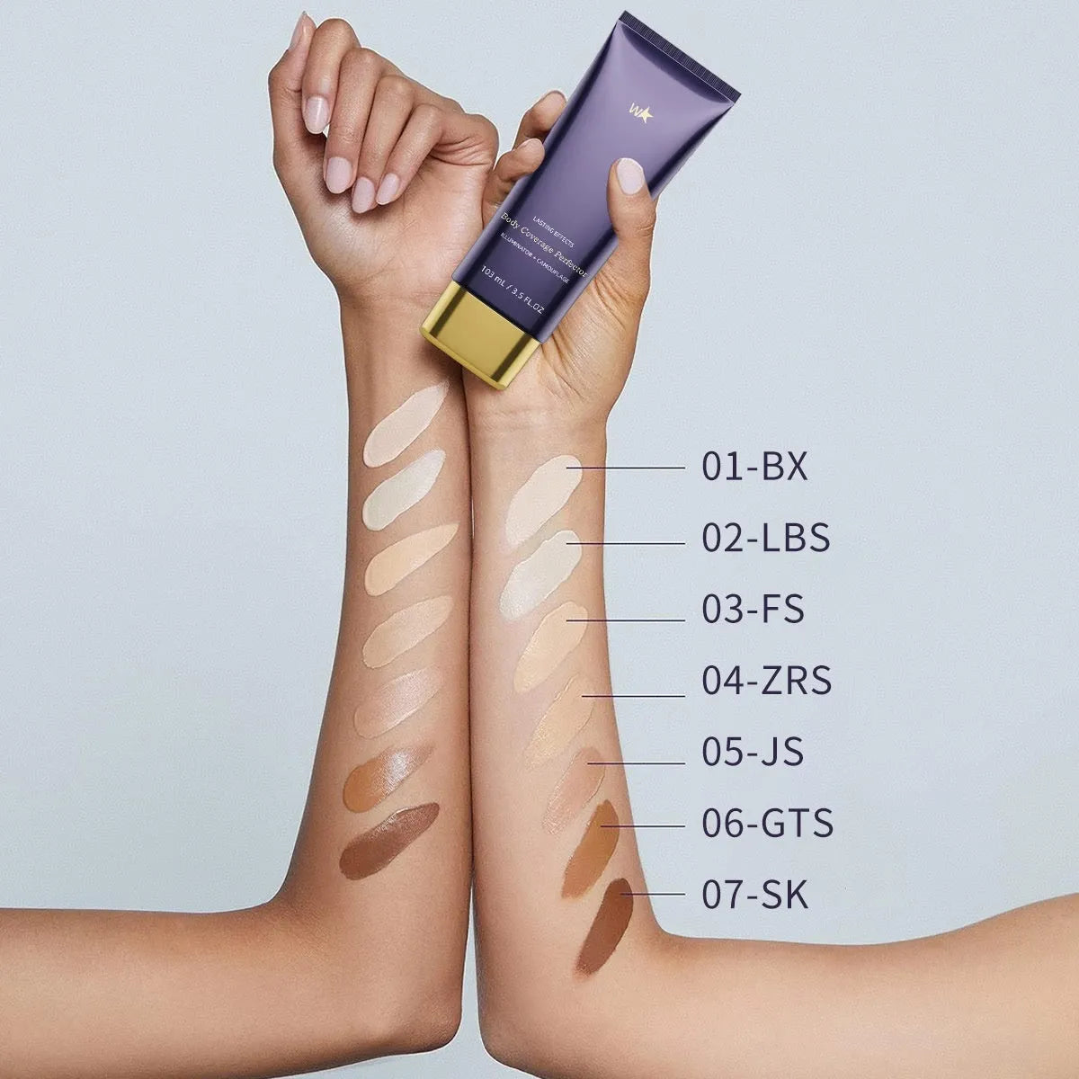 Waterproof body tattoo concealer cream tube with applicator brush in seven colour shade options