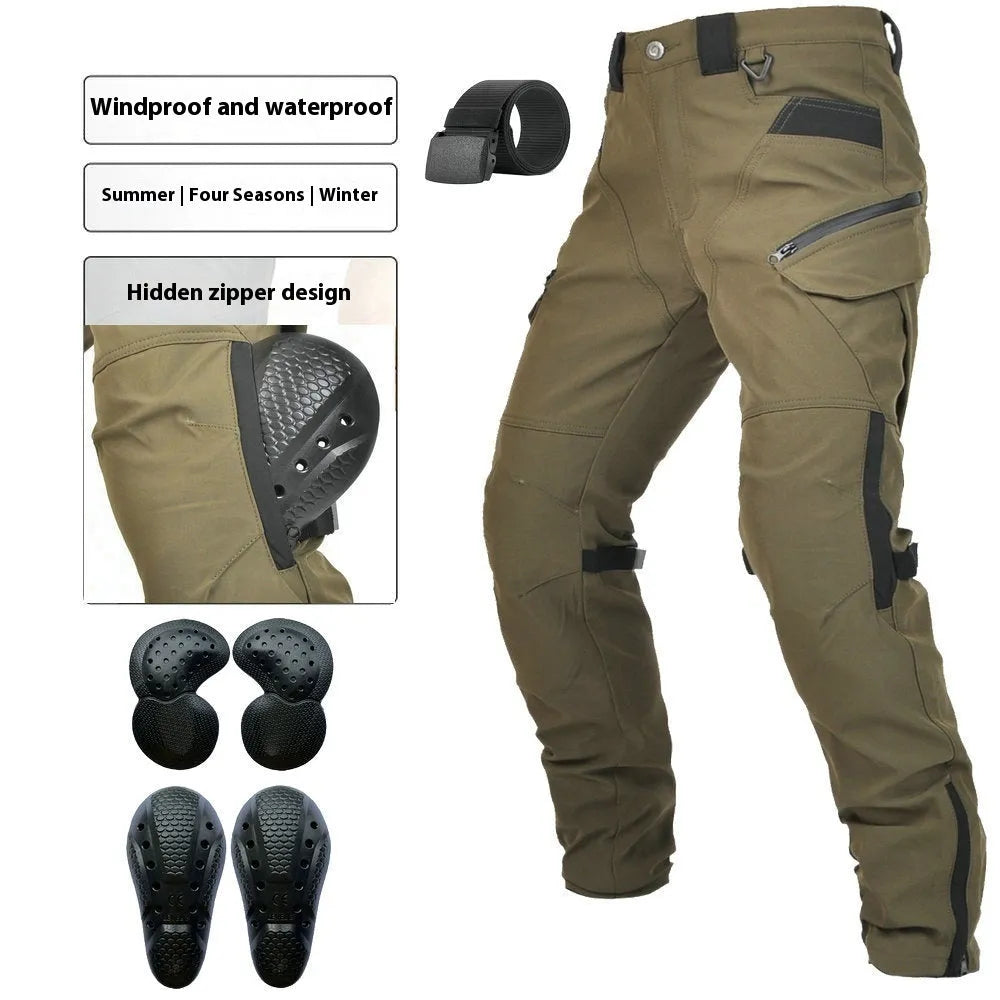 Men's solid green waterproof motorcycle cycling pants laid flat, showing belt and protective gear set.