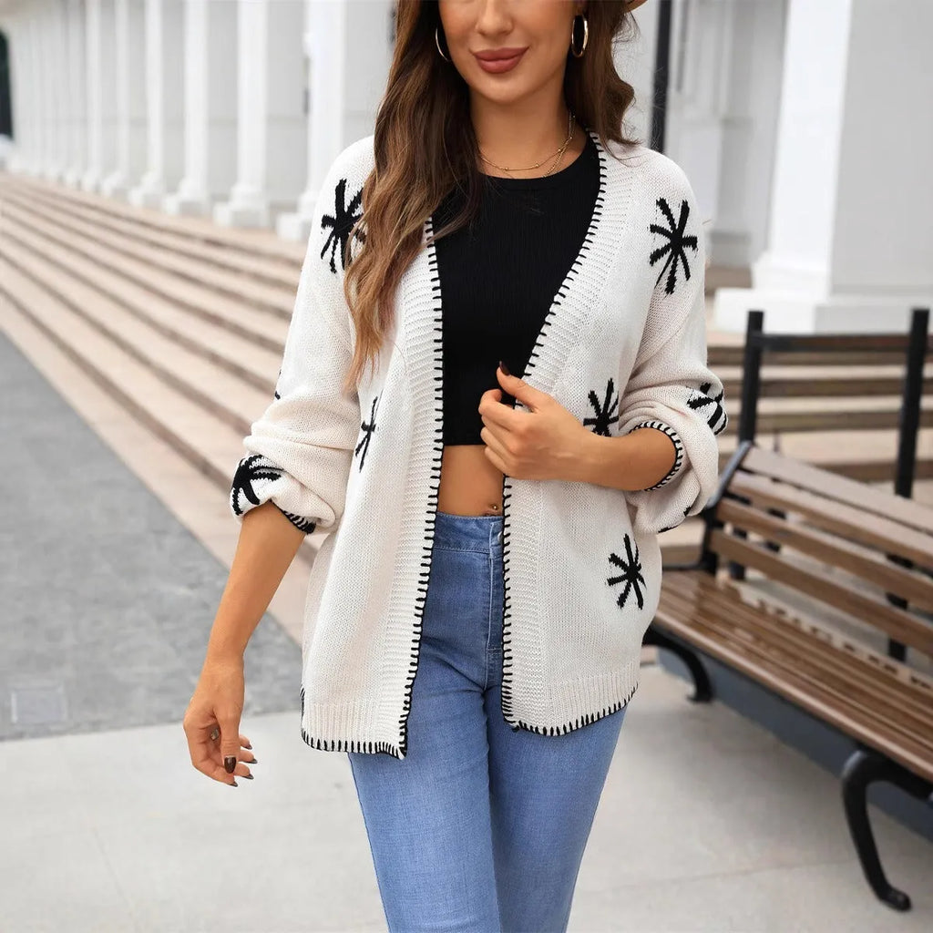 Beige jacquard floral knitted coat for plus-size women with off-neck design and regular sleeves