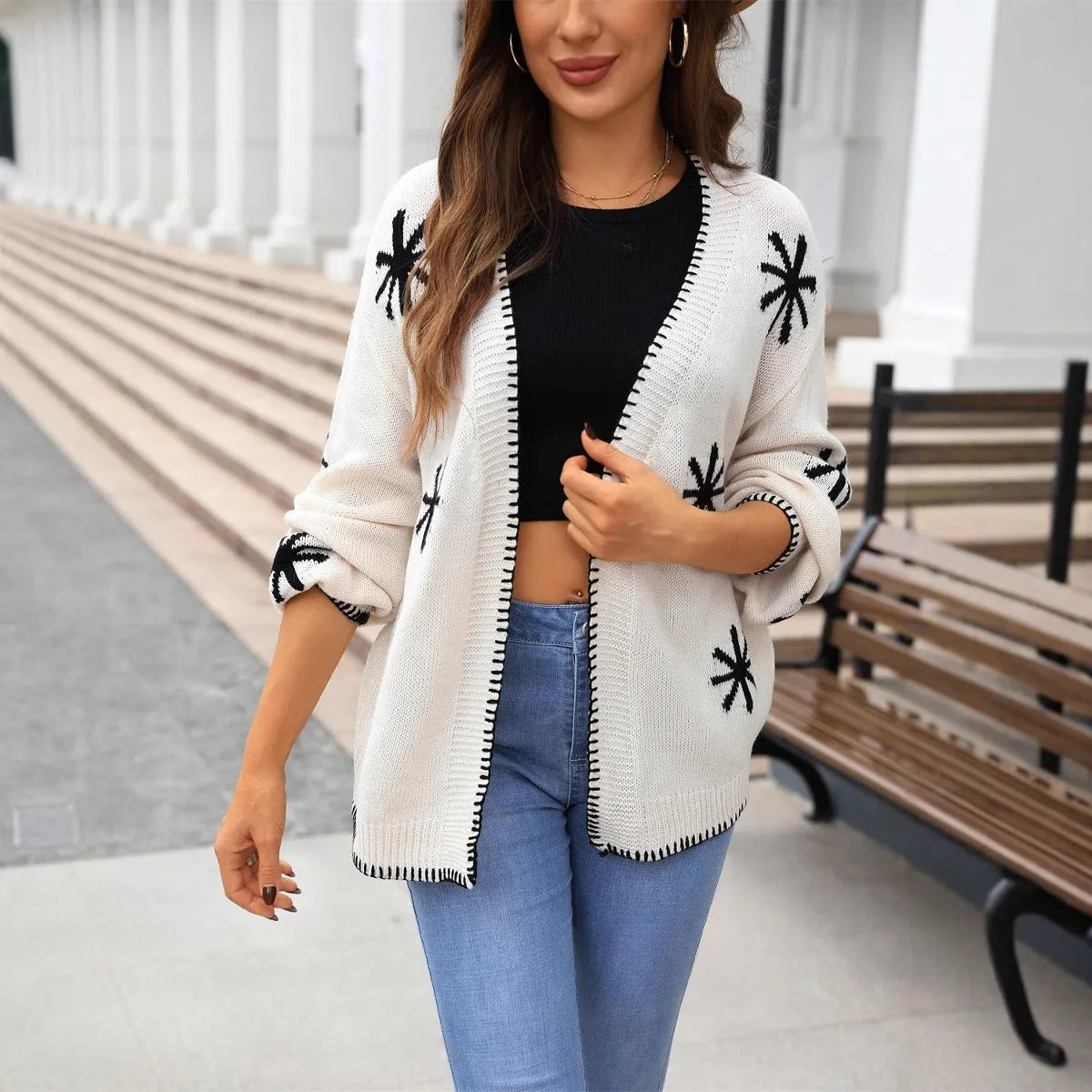 Beige jacquard floral knitted coat for plus-size women with off-neck design and regular sleeves