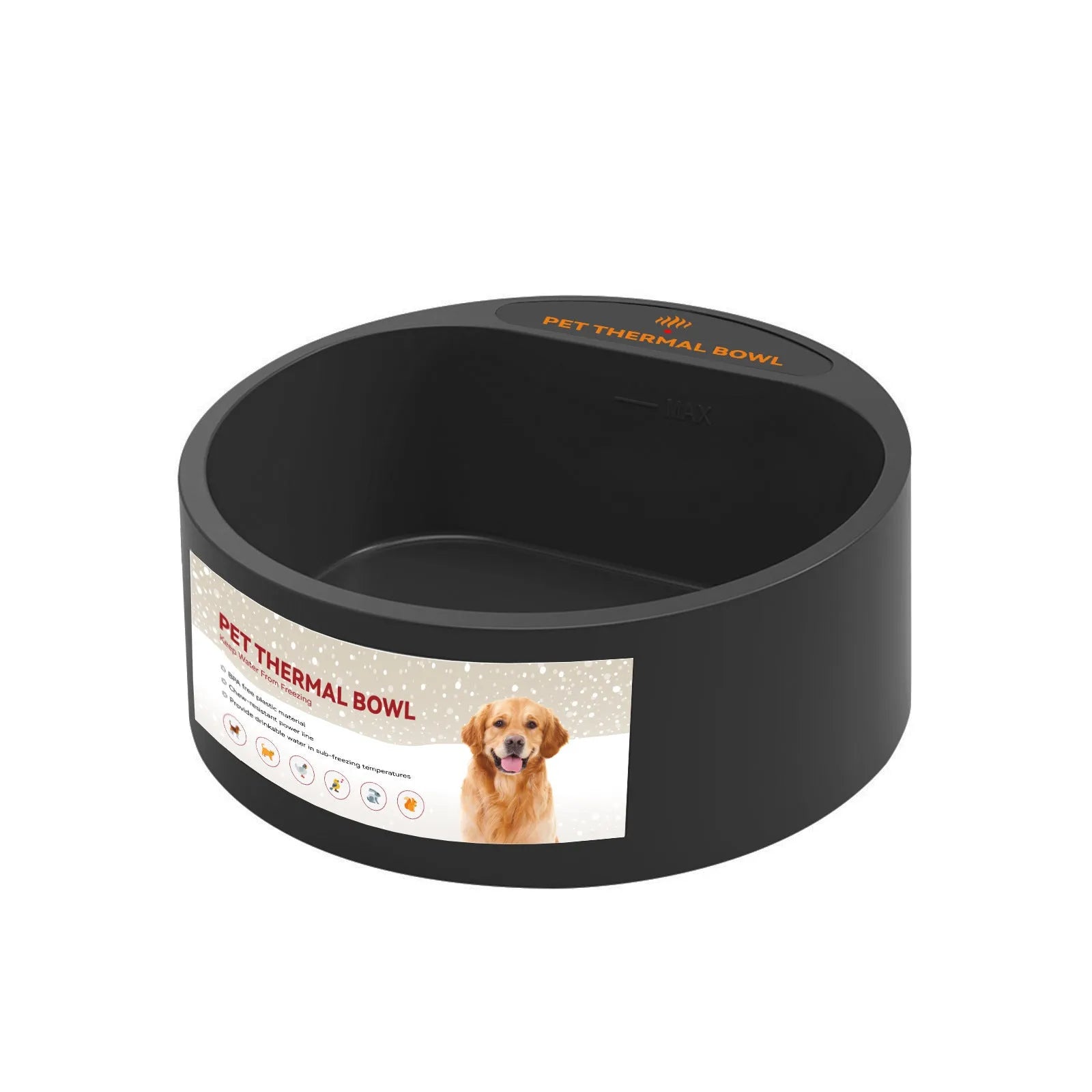 Black ABS plastic electric pet heating bowl for cats and dogs on a table