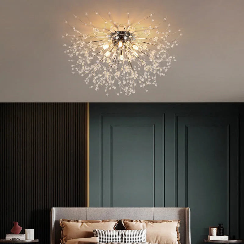 Dandelion crystal ceiling lamp with chrome finish and four light heads, 40cm diameter