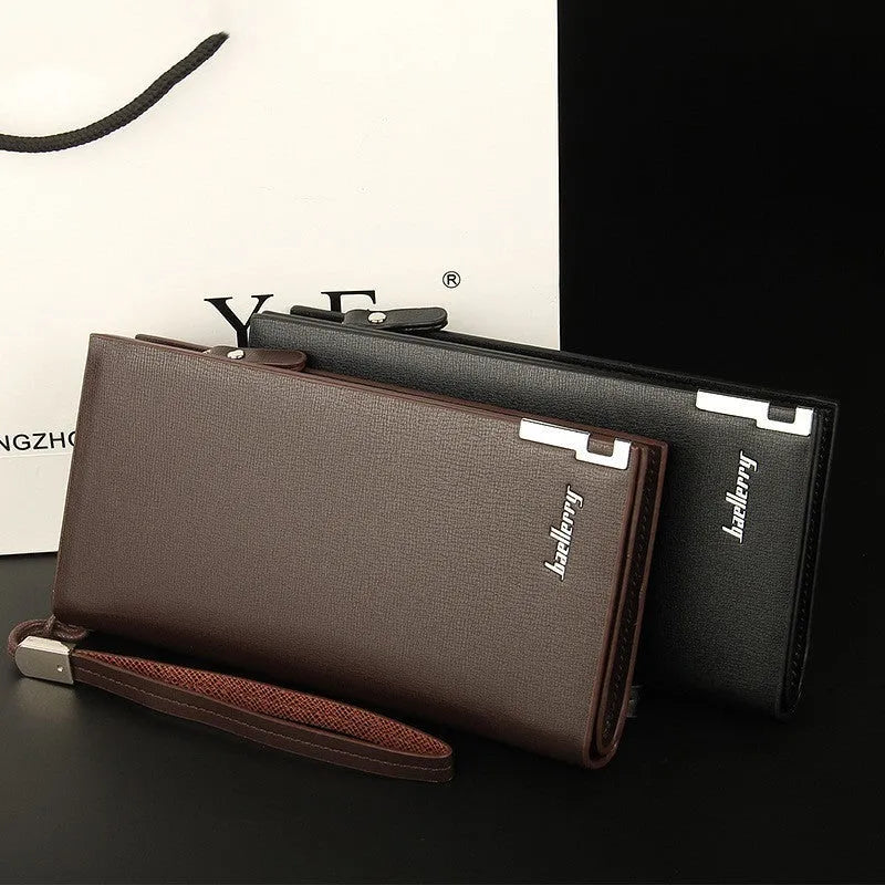 Men's black PU leather wallet with multifunctional zipper design
