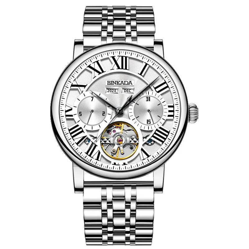 Men's automatic mechanical waterproof watch with steel bracelet in business style