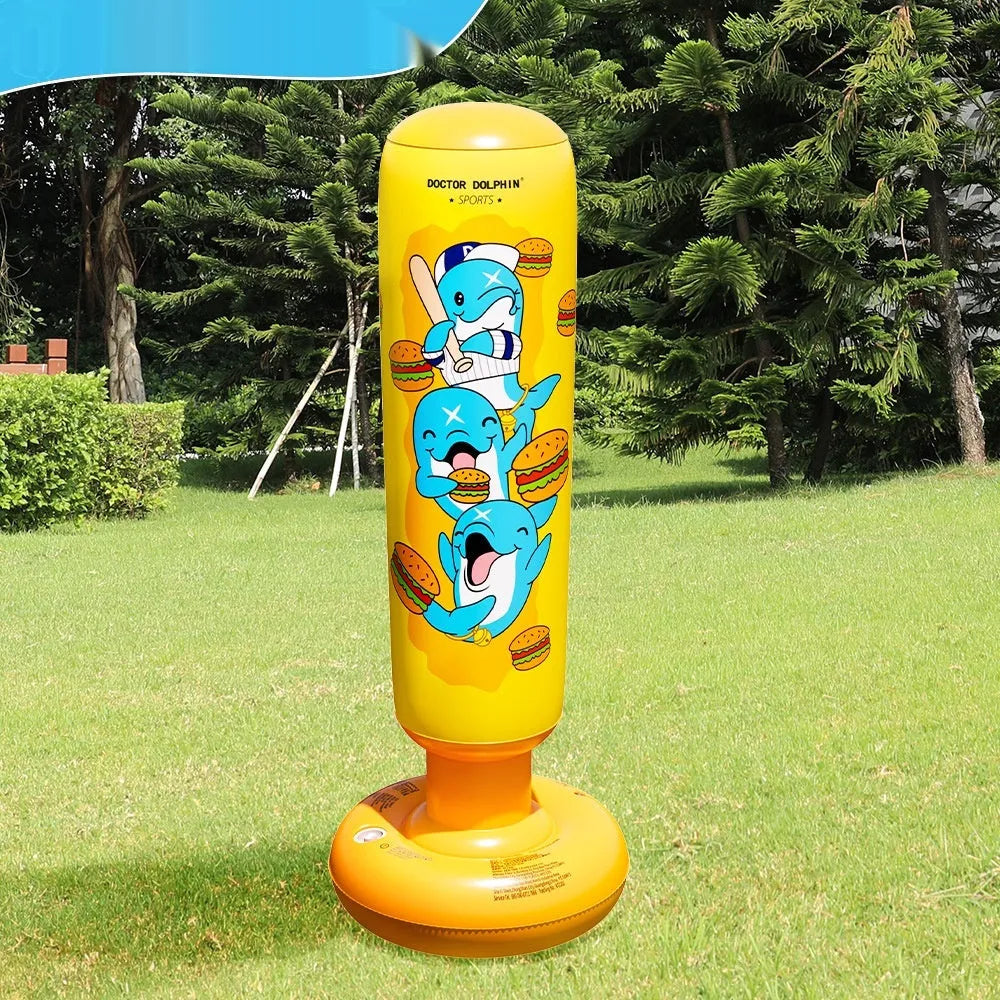 Yellow Hamburger patterned inflatable boxing column sandbag standing upright at 120cm tall.