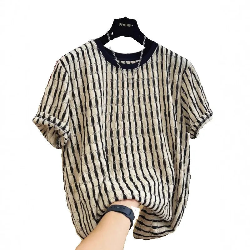 Black striped men's casual short sleeve top in silk and linen blend fabric