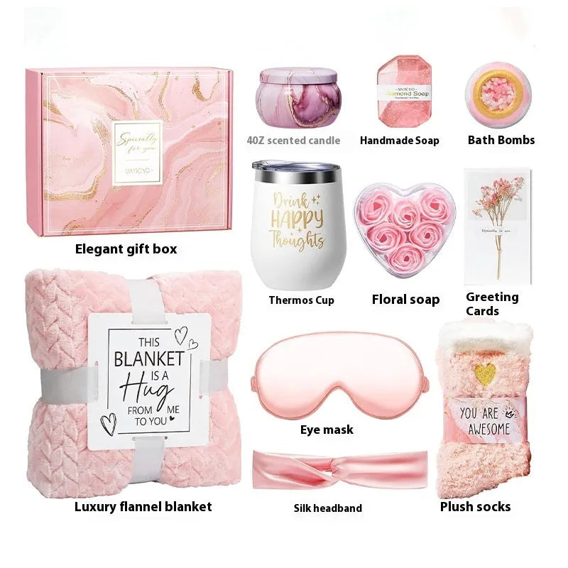 Plastic box containing an aromatherapy candle soap bath gift set with modern design.