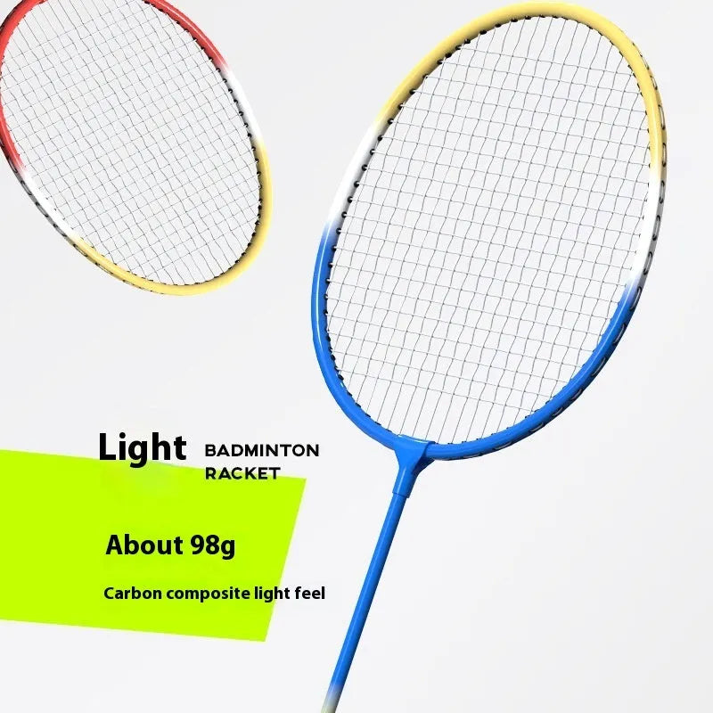 A pair of blue and red ultra-lightweight graphite alloy badminton rackets laid side by side.