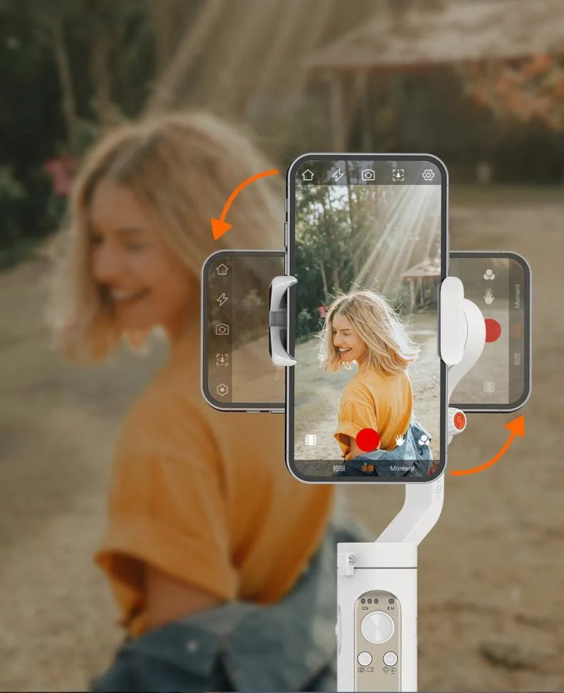 Black 3-axis mobile phone gimbal stabiliser shown in folded position