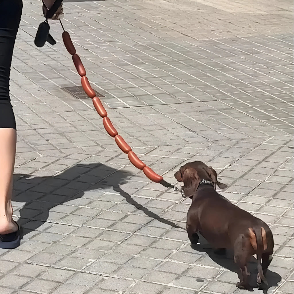 Brown sausage-style dog rope toy with hand grip tape, shown at full 108cm length