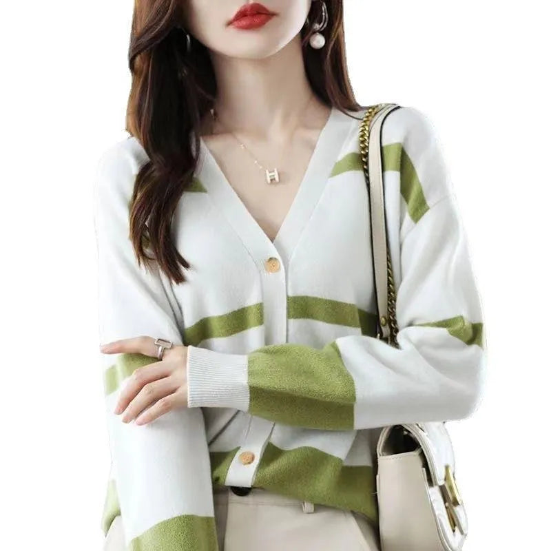 Women's slim fit striped knitted cardigan with 3D pattern and V-neck in multiple colour options