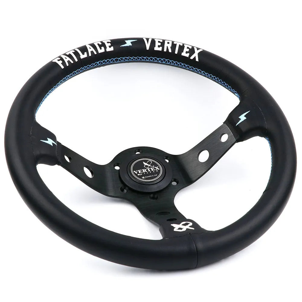 Black deep concave alloy racing steering wheel showing 330mm diameter and Vertex design options.