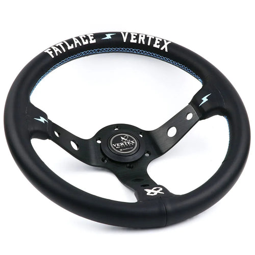 Black deep concave alloy racing steering wheel showing 330mm diameter and Vertex design options.