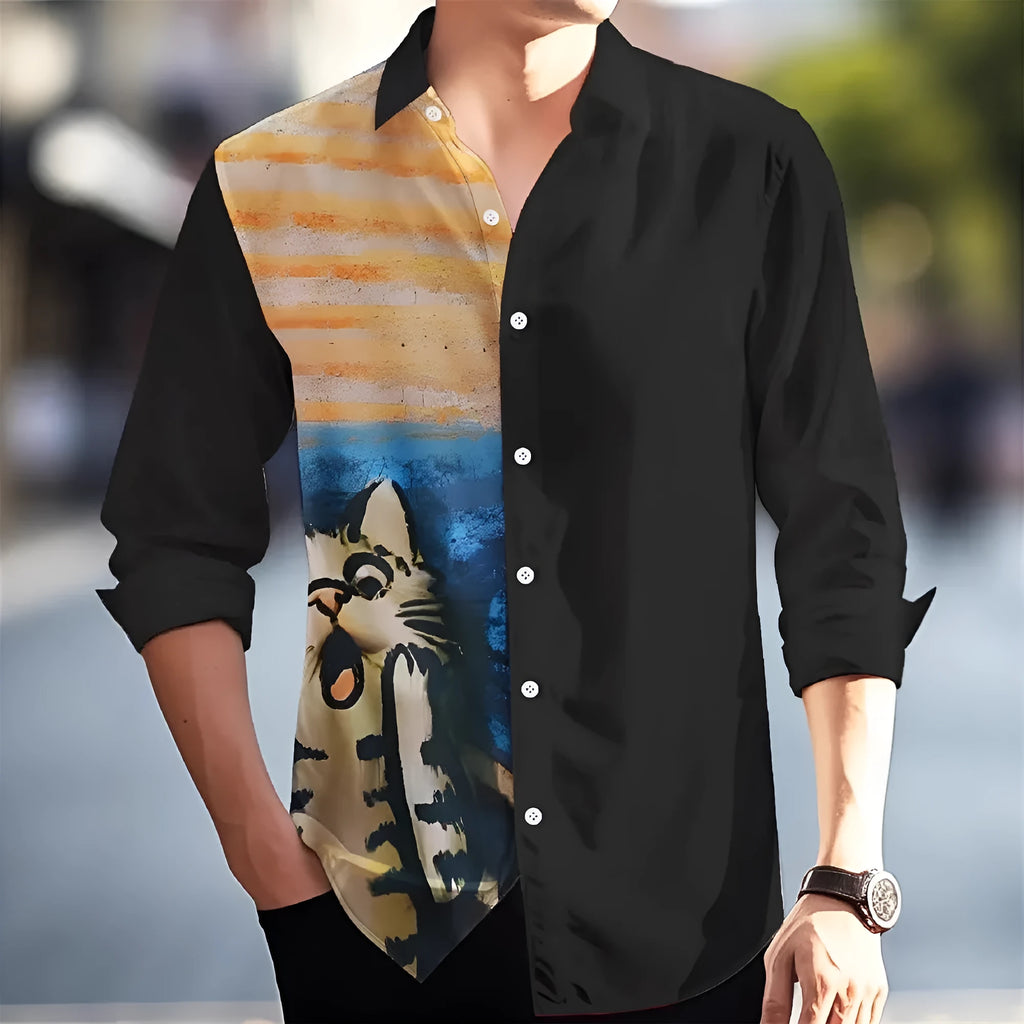 Man wearing a loose fit long sleeve Hawaiian floral print cardigan shirt.