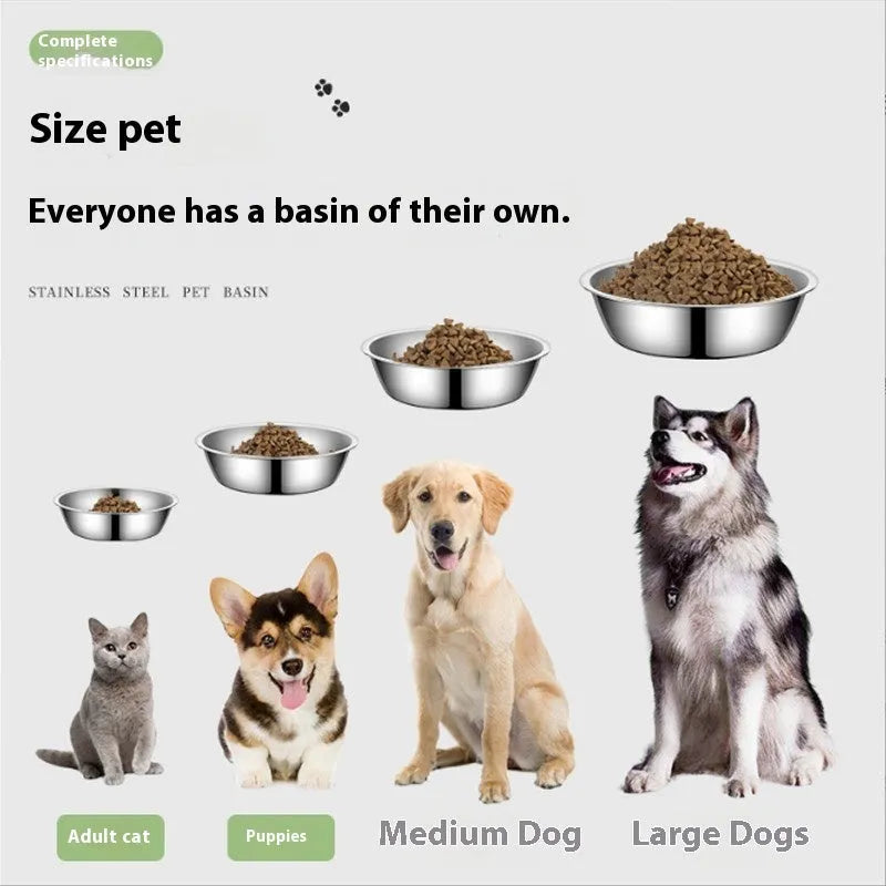 A stainless steel pet bowl for cats and dogs, shown in one of five available sizes.