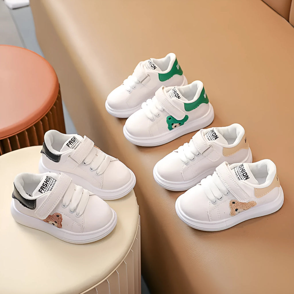 Baby Bear kids cartoon pattern sports shoes in black, green, or khaki with rubber sole