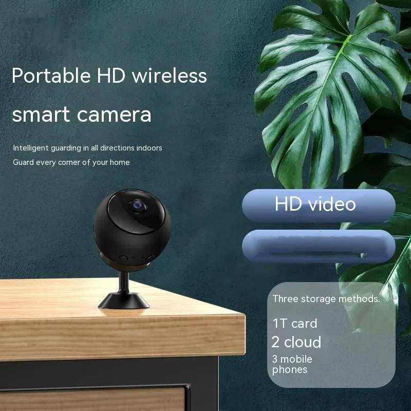 1080p wireless WIFI security camera with ABS plastic housing on a white background.