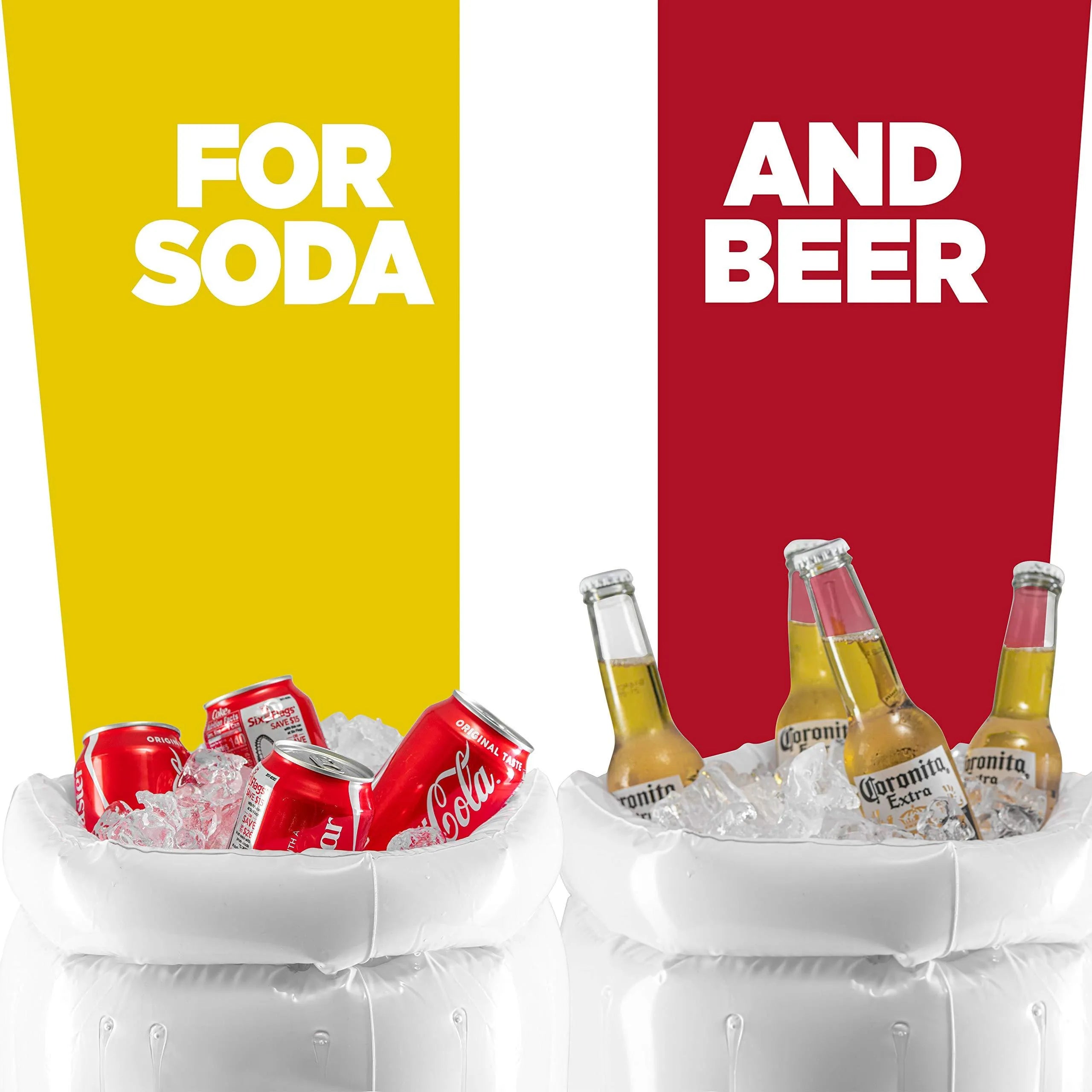 Large yellow inflatable beer mug cooler pool float with 44cm height and 32cm diameter dimensions
