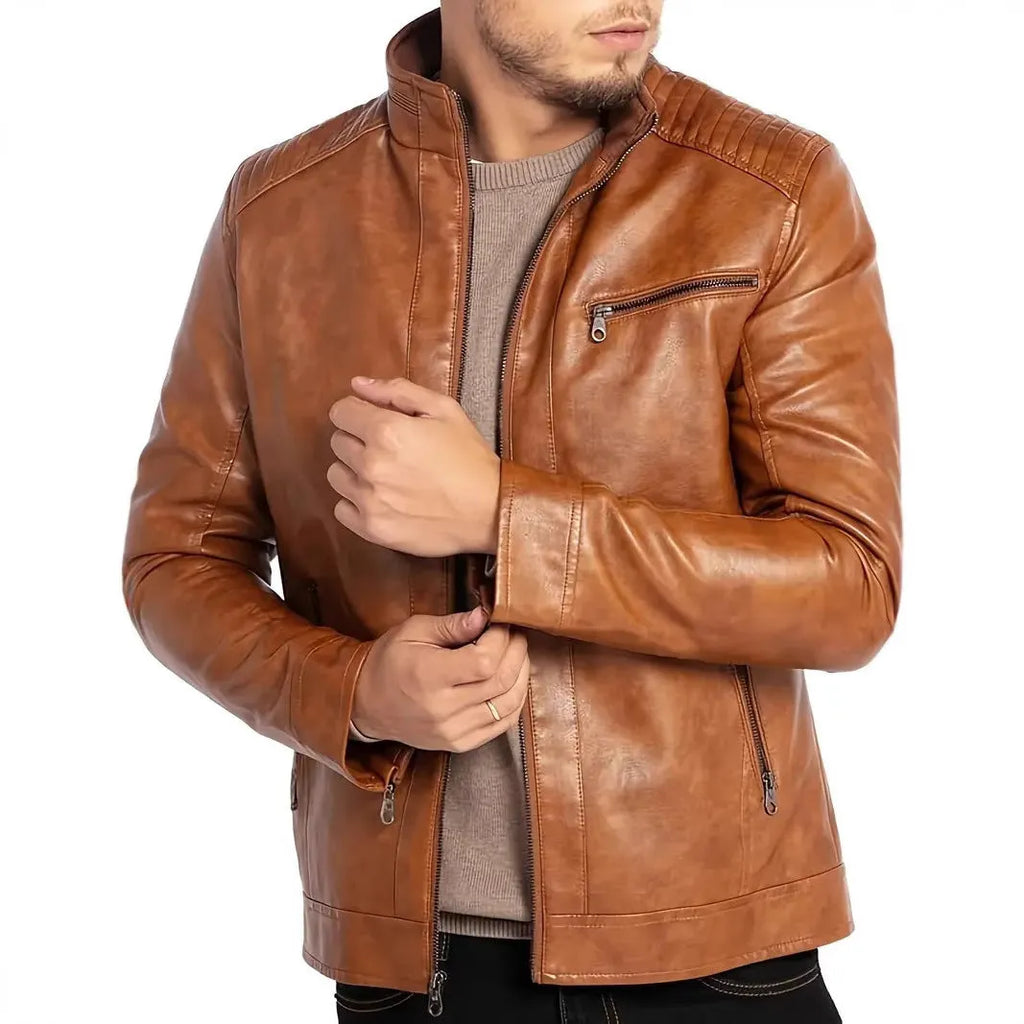 Men's brown artificial leather punk motorcycle jacket with stand collar and patch pocket.