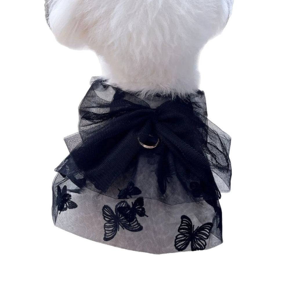 Black gauze tulle princess skirt costume on a small dog, showing the layered skirt and fitted bodice.