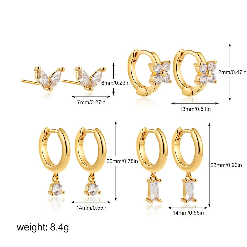Copper geometric square earrings four-piece set with star designs in gold or silver electroplated finish