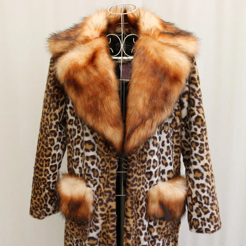 Women's long faux fur leopard print jacket with regular sleeves on a hanger.