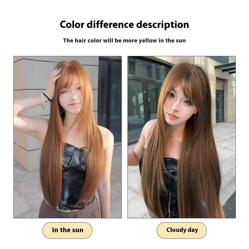 Warm tea chestnut brown long straight synthetic wig with face-framing bangs
