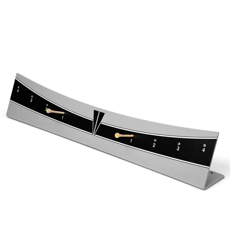 Close-up of an adjustable PVC golf putter trajectory balance simulator on a flat surface.