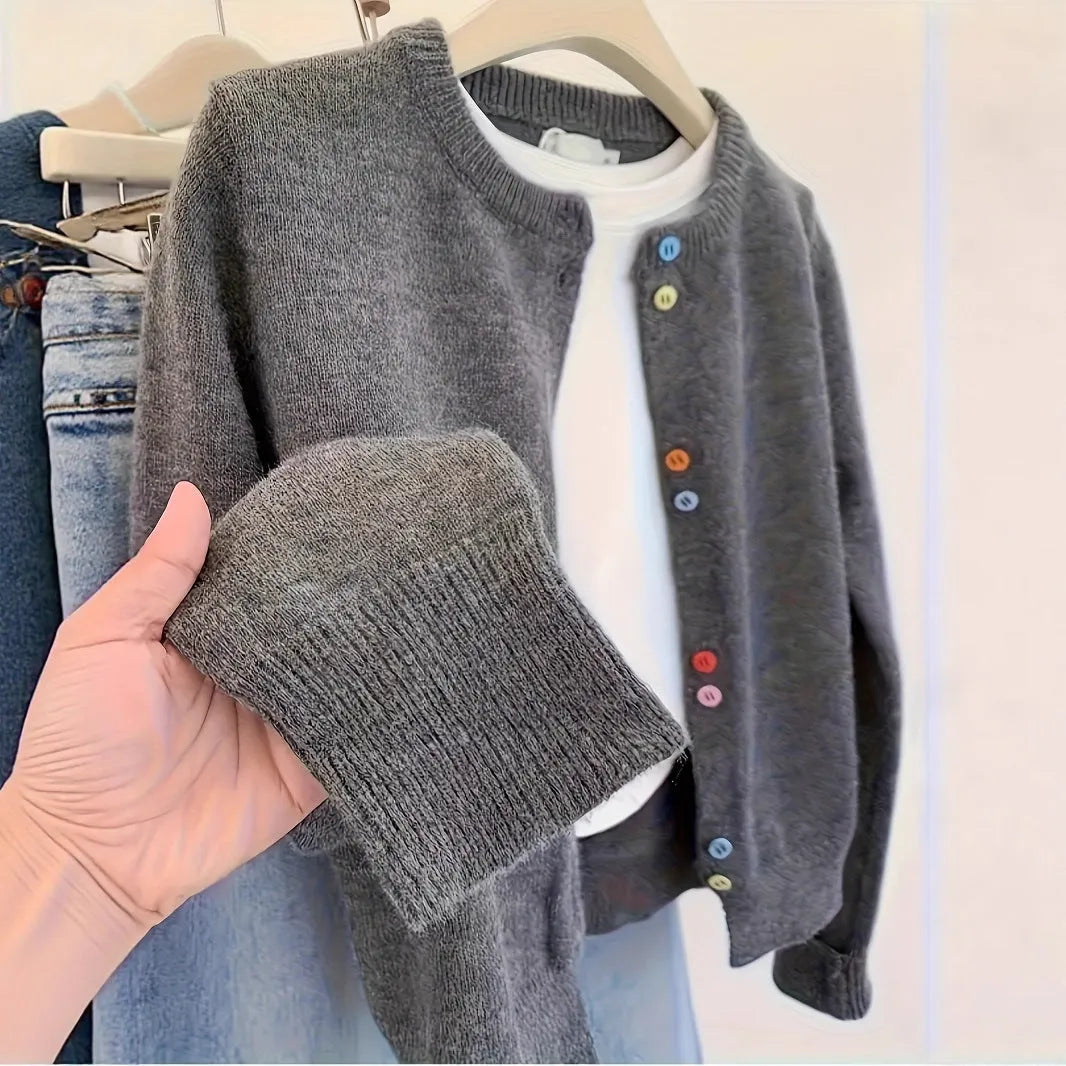 Dark grey women's button-front cardigan sweater with regular sleeves