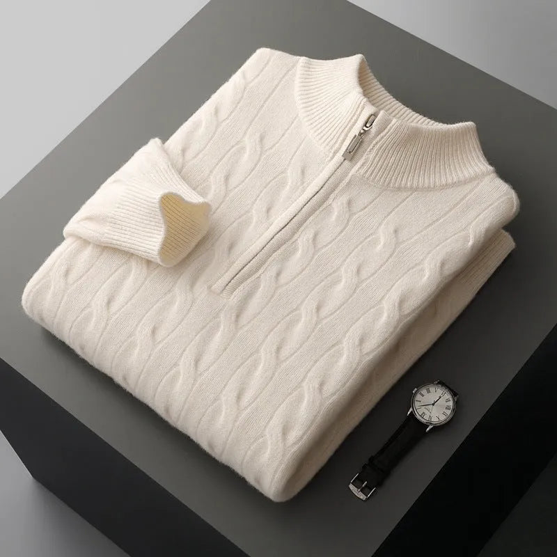 Jacquard double-strand thickened long-sleeved sweater in light camel, loose fit for women