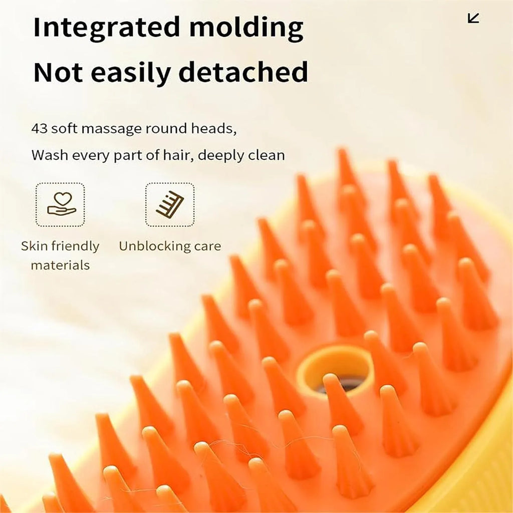 Green and yellow rechargeable cat steam brush with round silicone teeth and massage function