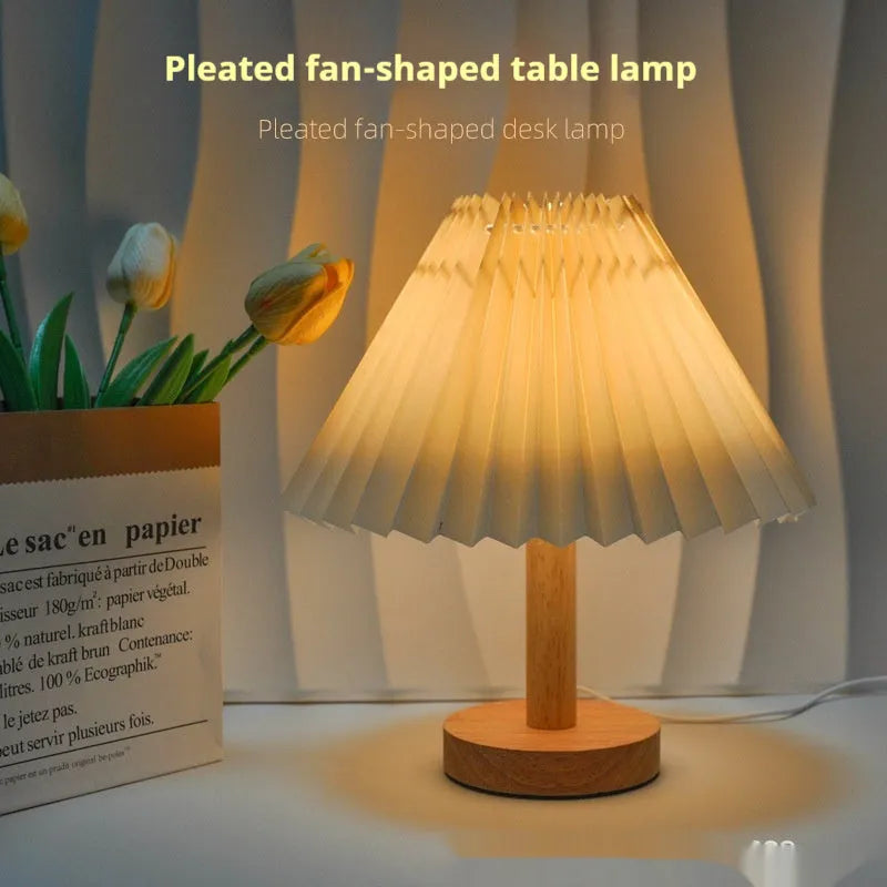 Vintage pleated umbrella shaped USB bedside lamp with remote control in red colour