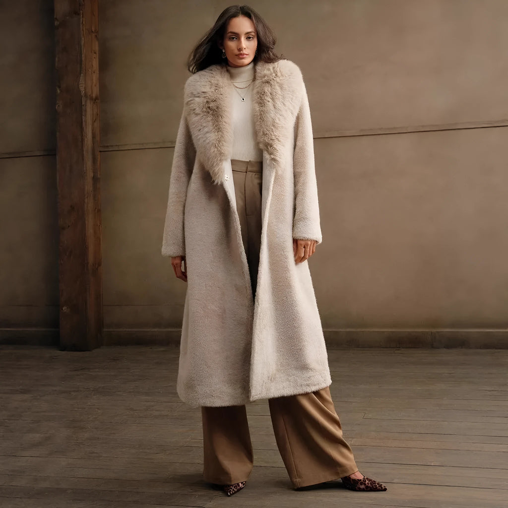 Woman wearing a long camel faux fur coat with regular sleeves, suitable for autumn and winter.