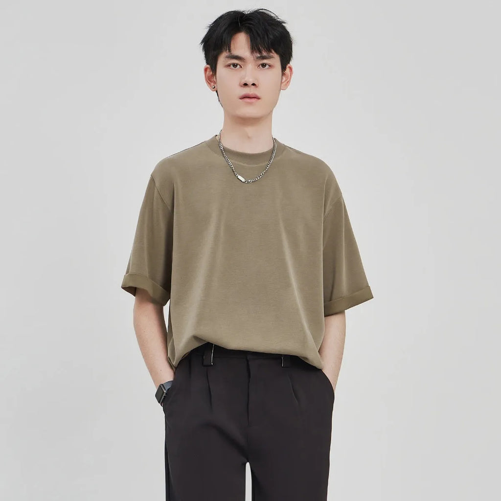 Men's loose drape knit casual T-shirt in solid colours brown, white, and black.