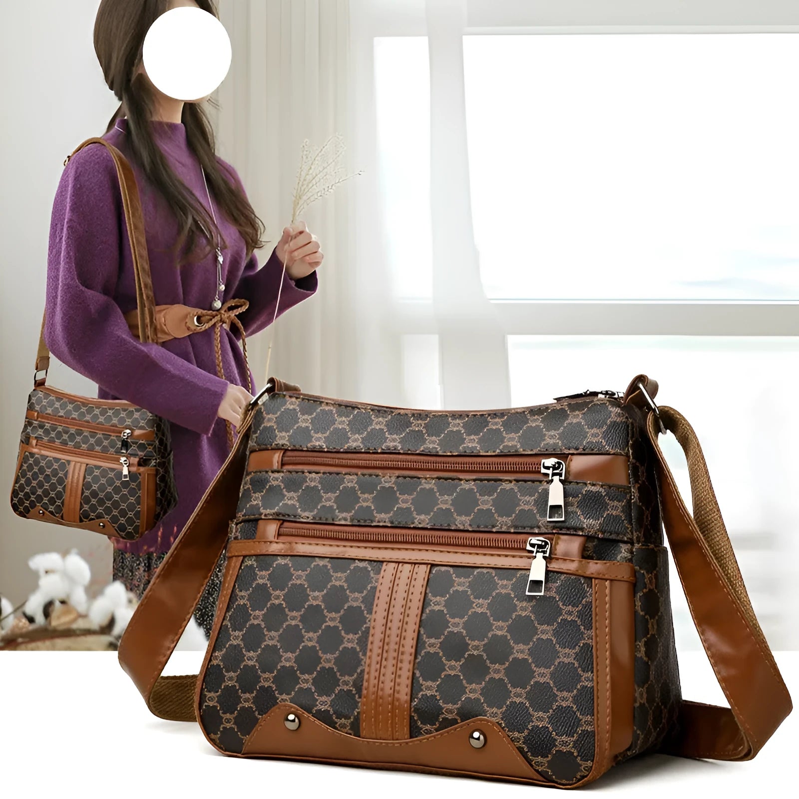 Brown women's crossbody bag with stitching pattern and large capacity design