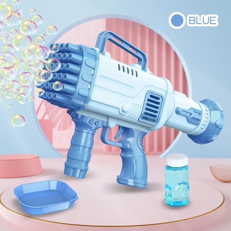 Cherry pink and sky blue electric bazooka bubble gun toy with 32 holes on a colour box.