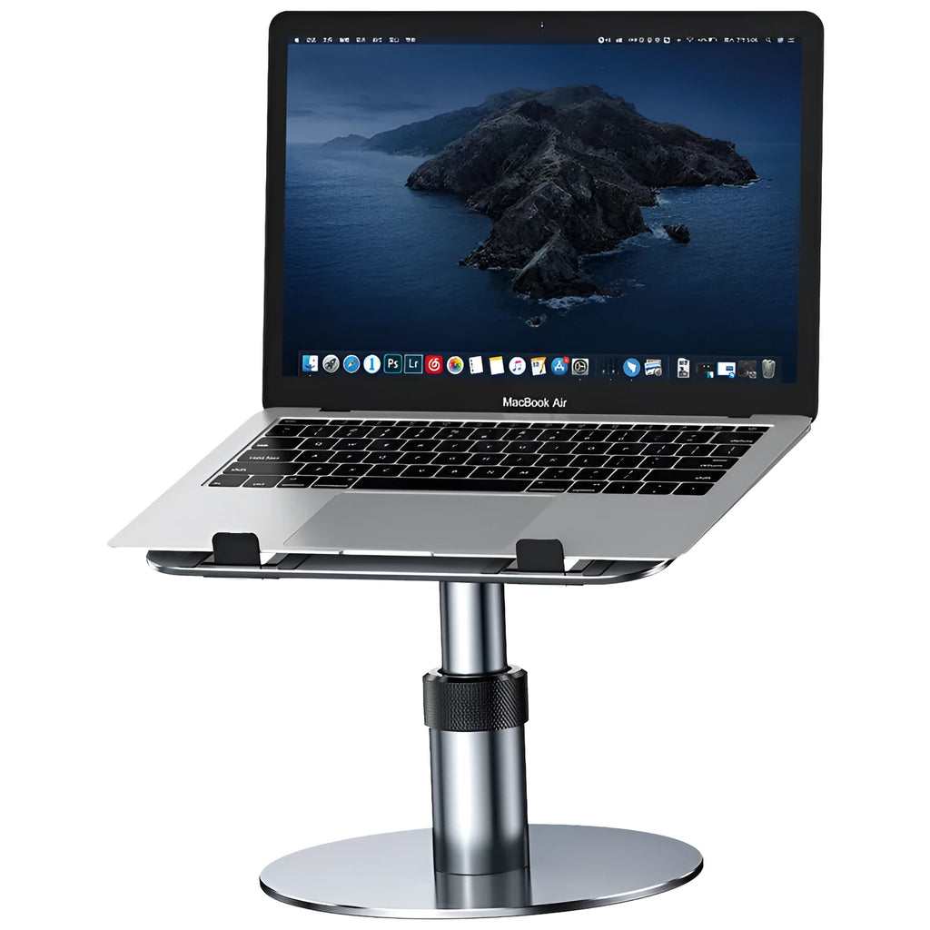 Silver adjustable car laptop stand with 360-degree rotating base on car seat