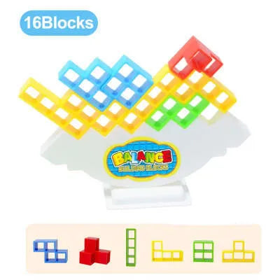 Plastic balance stacking board game with coloured blocks, chassis, and base for kids and adults.