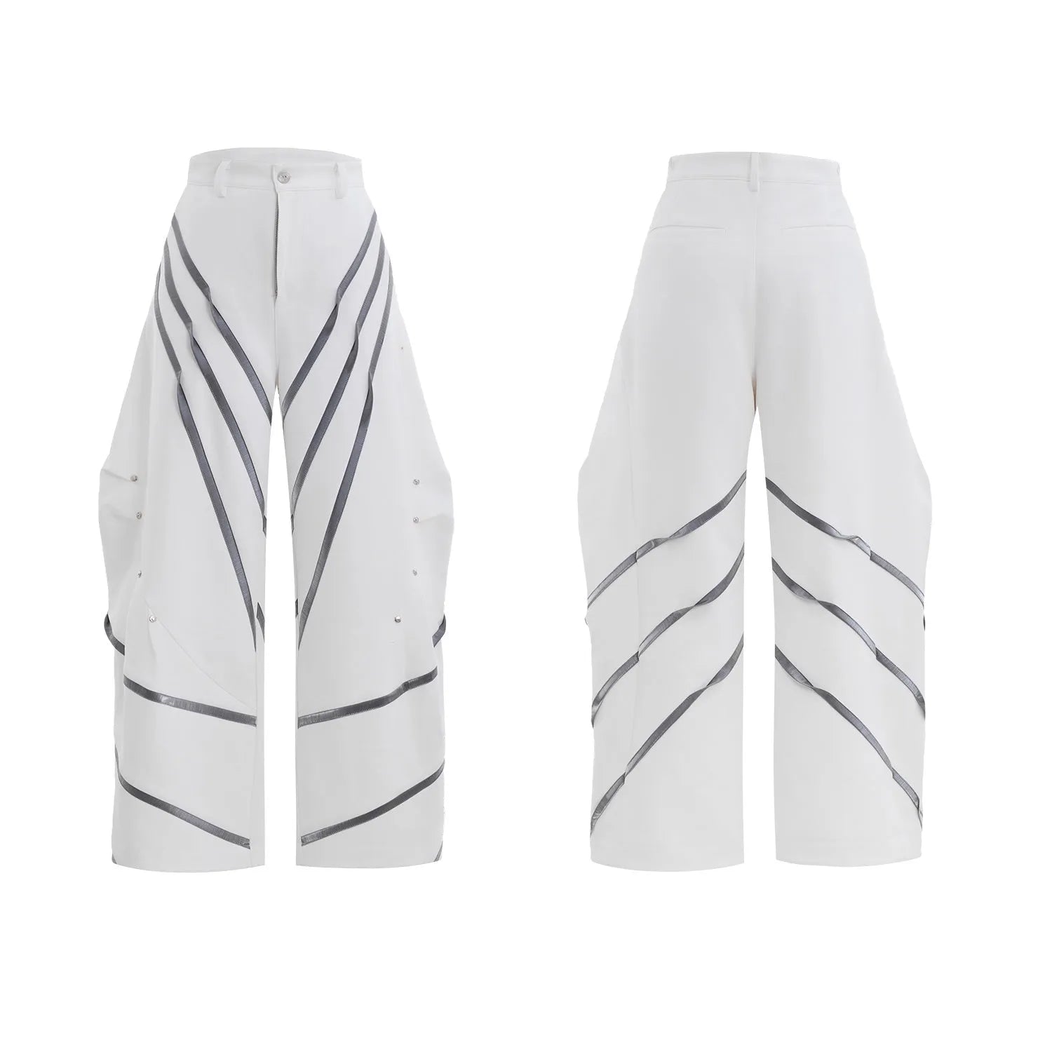 Men's black trousers with three-dimensional cut, metal striped rivets, and pleated detailing