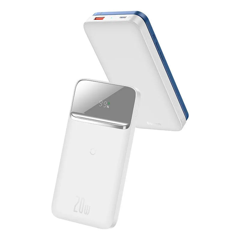 Baseus magnetic wireless 10000mAh power bank in blue showing square aluminium shell design with USB ports