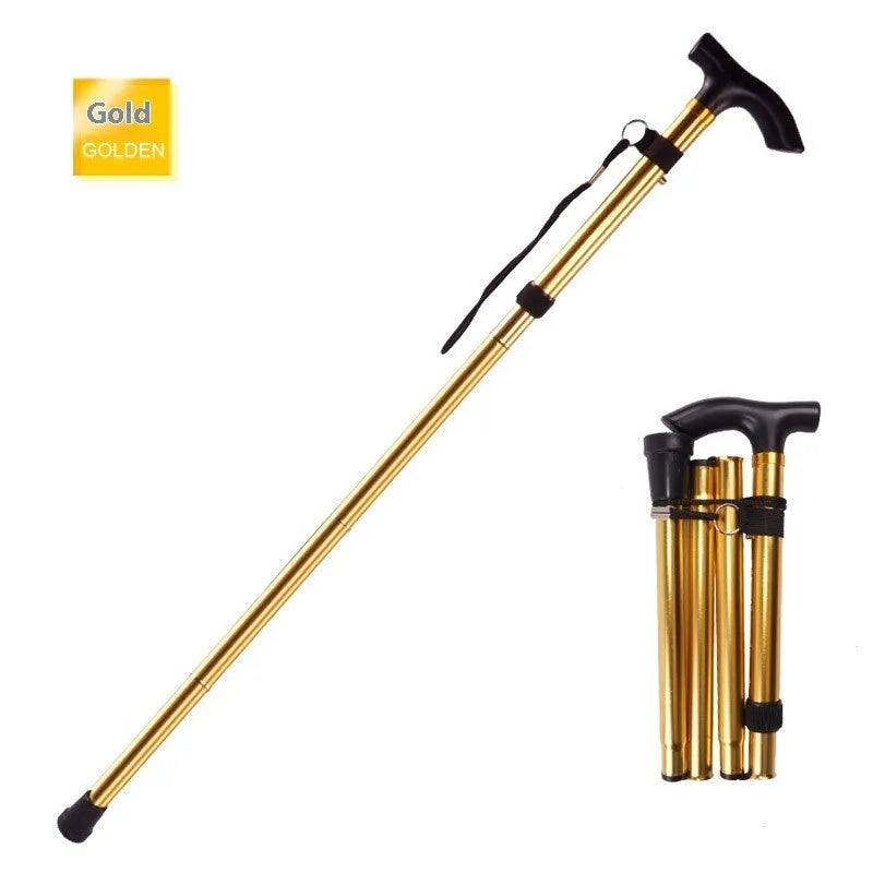 Adjustable aluminium folding cane in multiple colours, shown extended and folded.