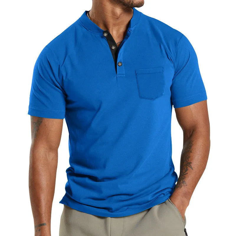 Plus size men's solid colour short sleeve casual shirt with a buttoned chest pocket.