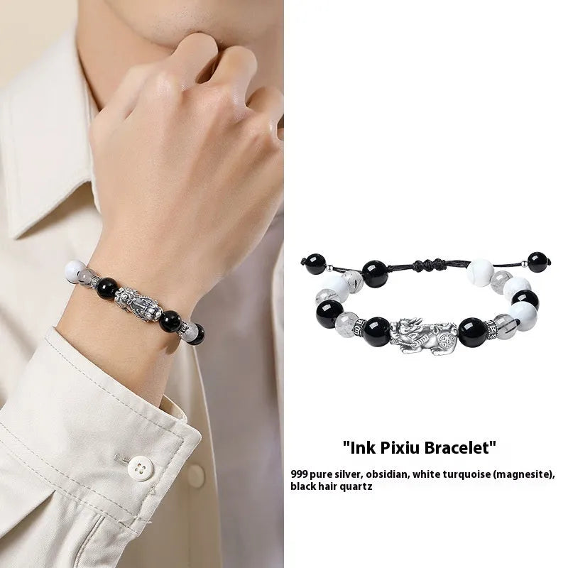 Hand-woven 999 sterling silver couple bracelet set with animal elements and tassel details