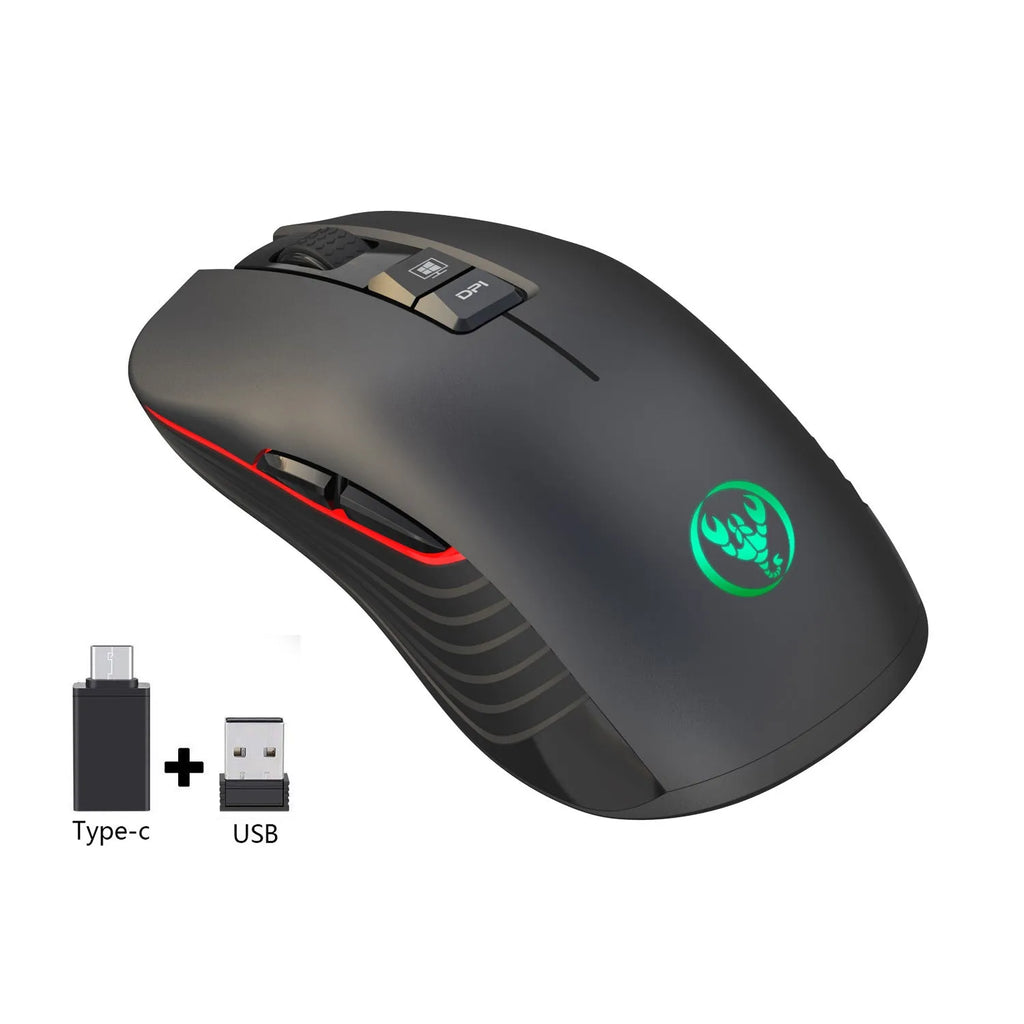 Black wireless gaming mouse with colourful breathing lights showing adjustable DPI settings and ergonomic design