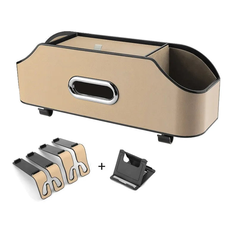 Genuine leather car tissue box holder with cup holder, shown in beige colour.
