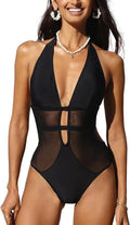 Black women's v-neck mesh one-piece swimsuit for swimming sports