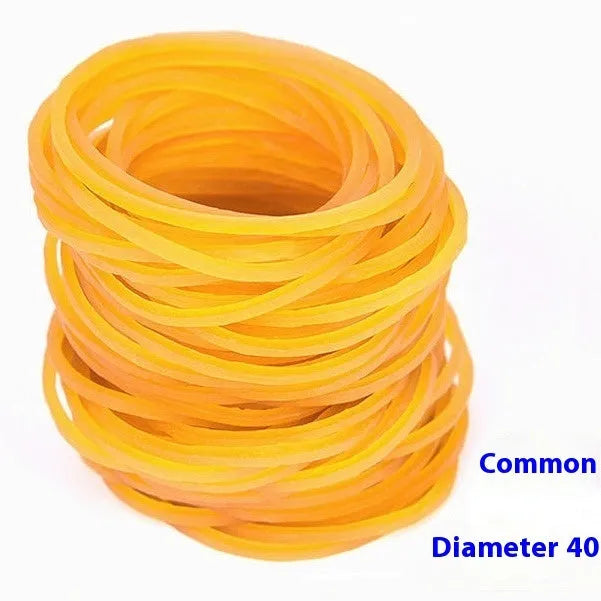 500g pack of yellow rubber bands showing multiple diameter sizes from 16mm to 70mm