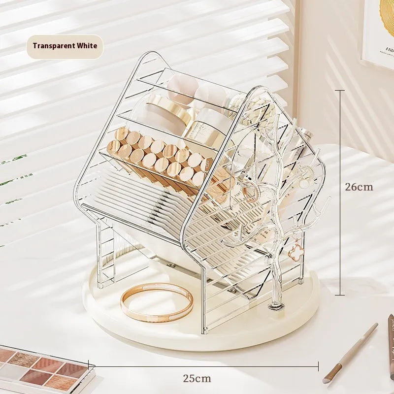Rotating amber gold cosmetics organiser on a vanity with makeup bottles.