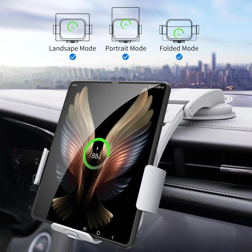 Grey wireless charging phone holder for cars with vent clip and suction cup mount options on a dashboard.