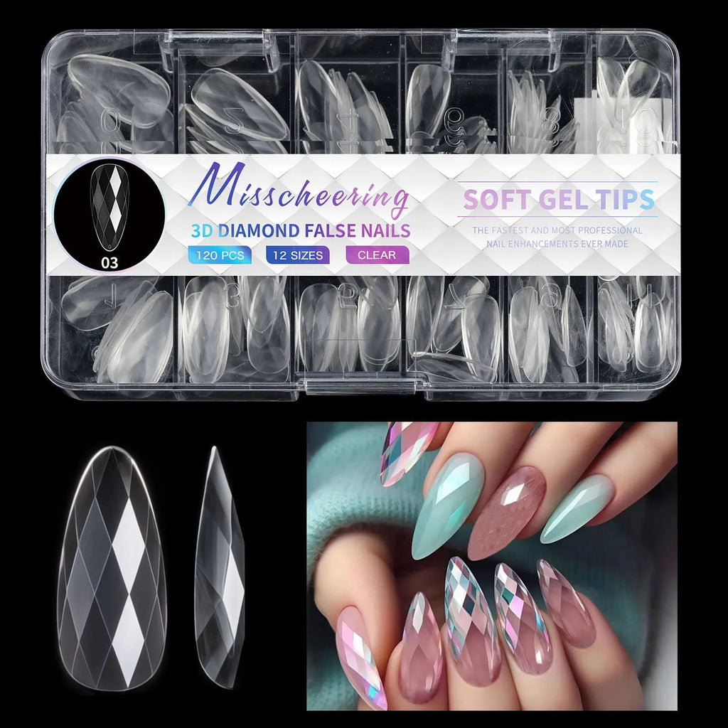 False nail tips with 3D diamond texture in long shaping, showing multiple colour collections.